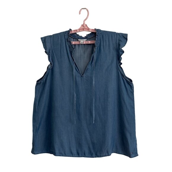 Tommy Hilfiger Tops - Tommy Hilfiger Womens Blue Sleeveless Ruffle Trim Lyocell Blouse XXL Beachy